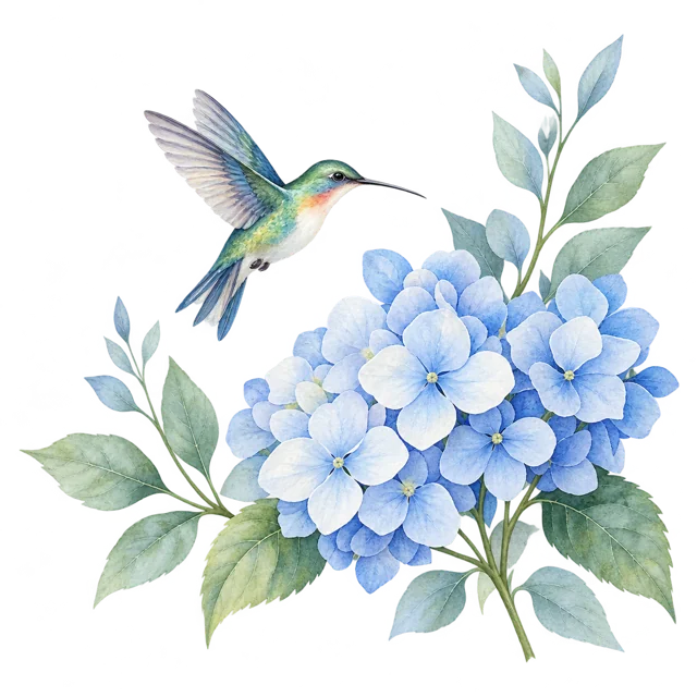 Ilustración en acuarela de un colibrí y hortensias azules